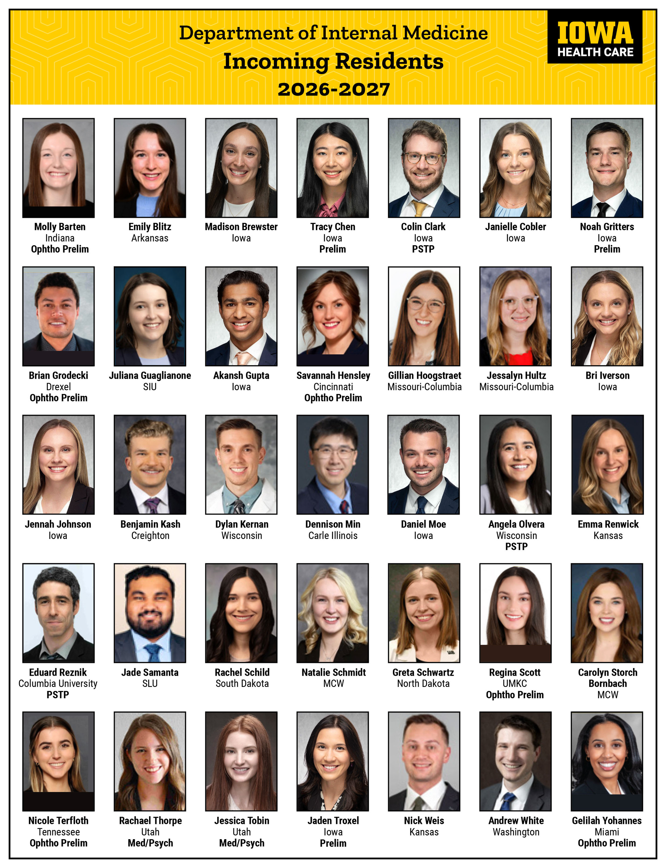 Photo grid showing 34 incoming residents for 2026-27. Names available below.