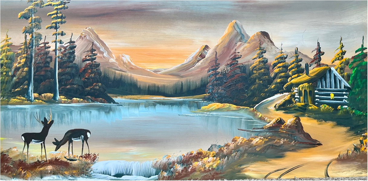 landscape painting with mountains, trees, a lake, and deer