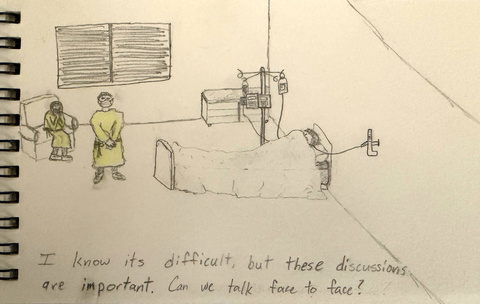 pencil drawing of a provider in a patient room