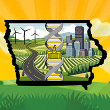 2026 Research Day logo showing the state of Iowa with science, urban, and rural symbols