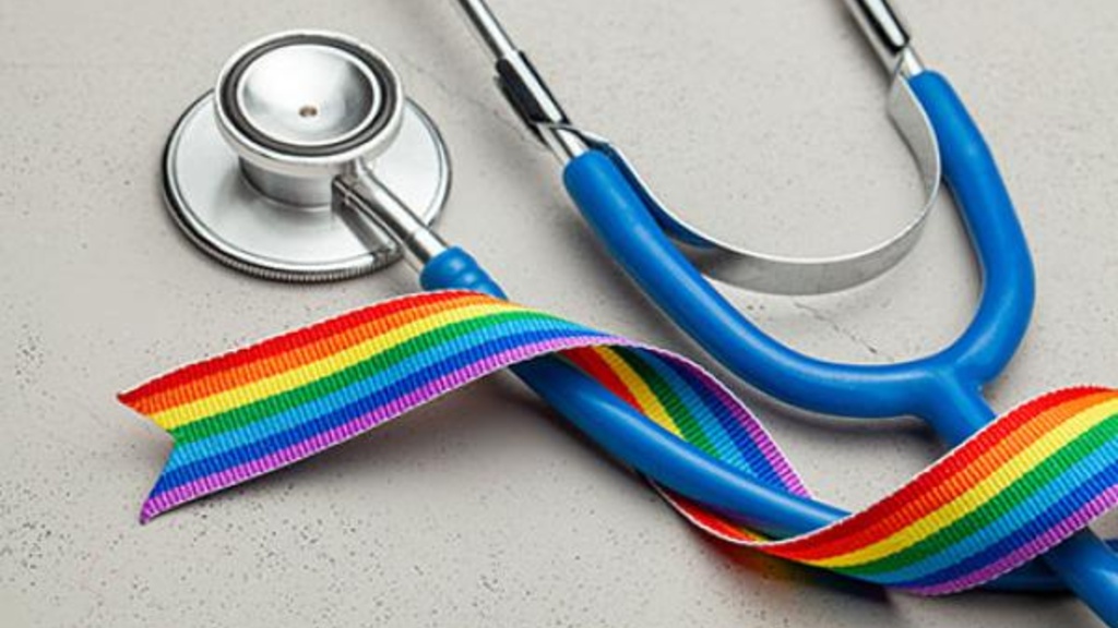 decorative banner with stethoscope and rainbow ribbon